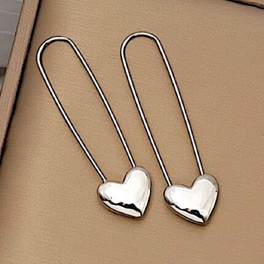 Sterling Silver Heart Safety Pin Earrings - Picture 2 of 4